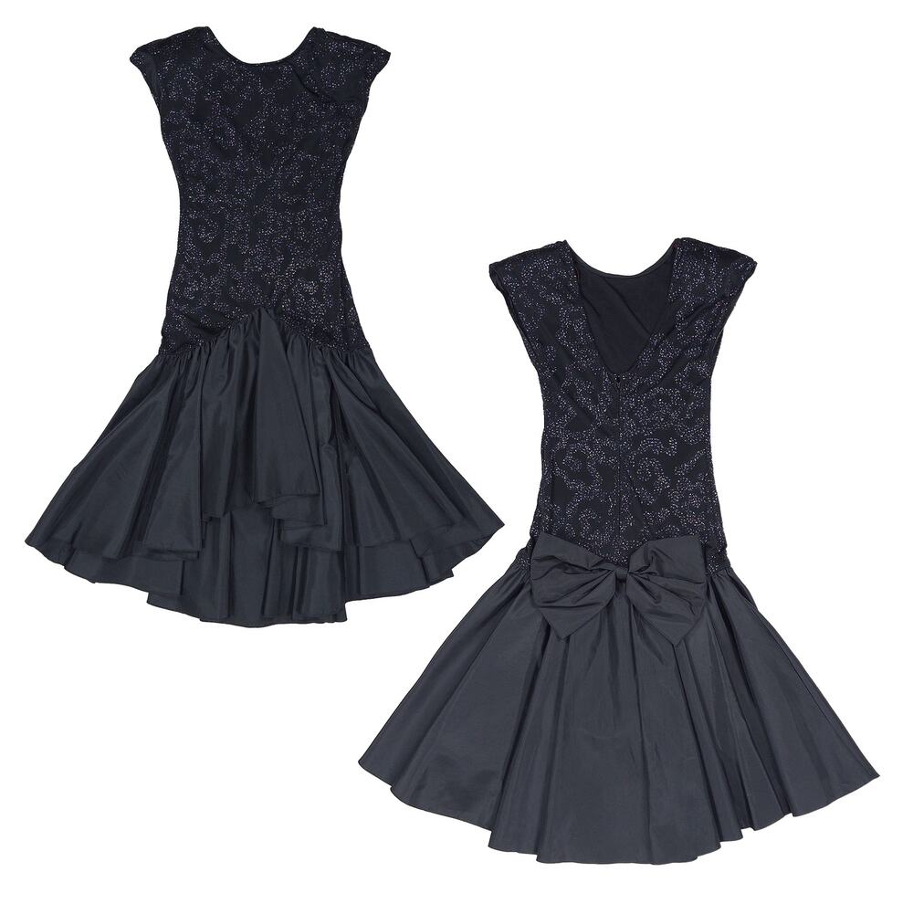 VTG 80s Zum Zum Prom Dress Size 3 XS Black Glitter High Low Back Bow Party NYE